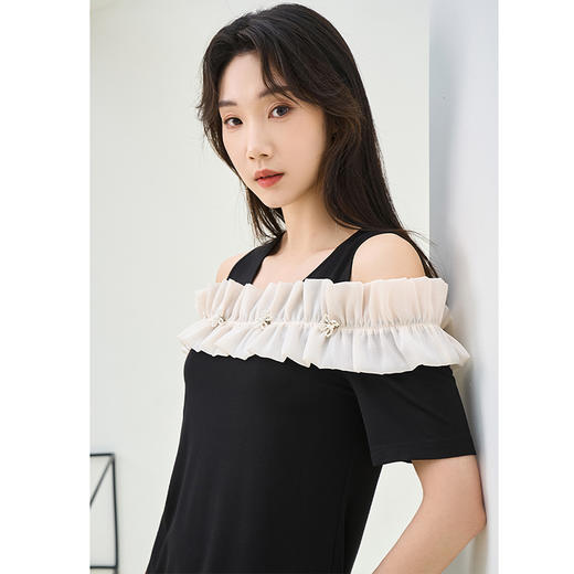 NEELLY纳俪商场同款夏季新款黑色法式露肩设计感连衣裙女显瘦长裙N25044Y04586 商品图1