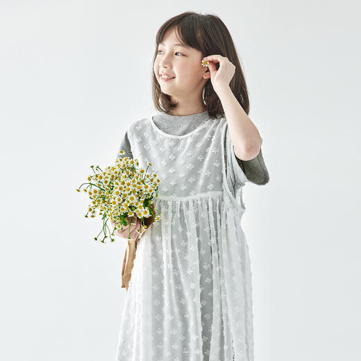 【代发】女童两件套连衣裙 棵初夏季款女童裙子叠穿长款T恤雪纺罩衫套装裙灰白色 商品图5