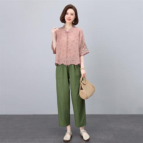 HRNJL2607美衣重工刺绣双支苎麻衬衫女气质绣花衬衣春款长袖单排扣上衣蕾丝 商品图3