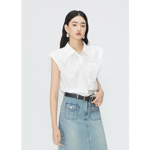 NEELLY纳俪商场同款夏季新款纯色翻领花苞无袖衬衫女时尚收腰上衣N25044B14407 商品图1