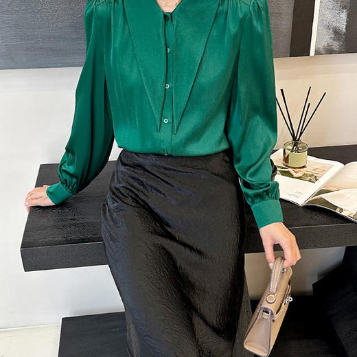 洛诗琳45321春夏新款设计感绑带式纯色真丝领结衬衫女22255 商品图2