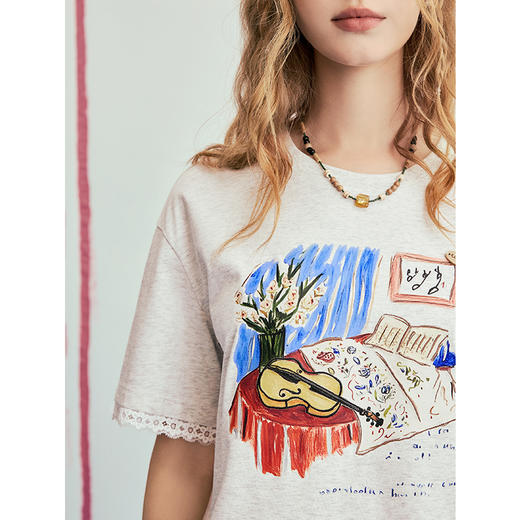 两三事野兽情书2025夏季新款复古油画印花蕾丝拼接短袖t恤女宽松 商品图2