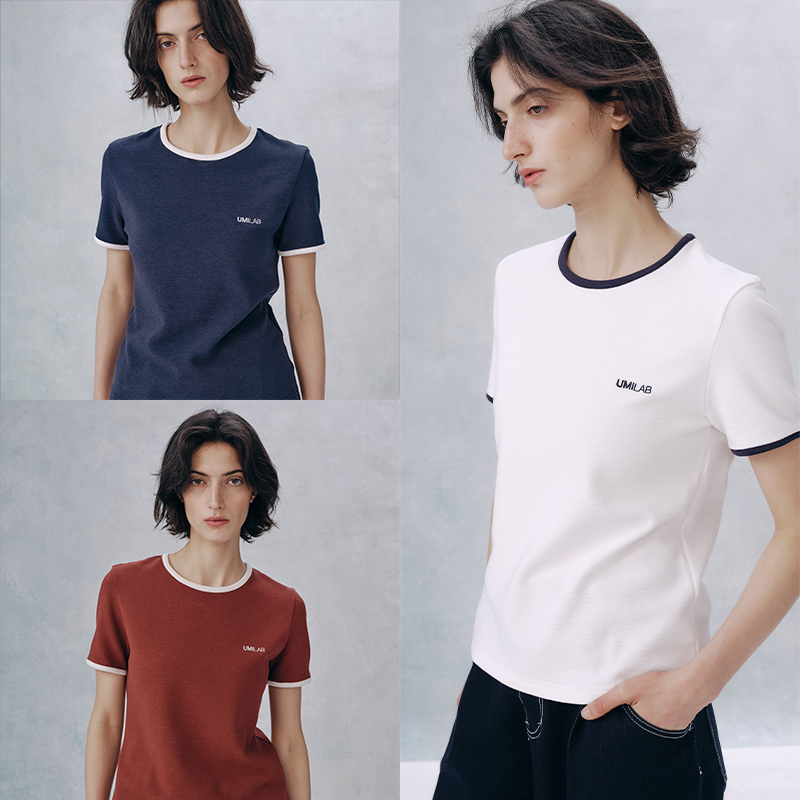 UMILAB【春游】复古miu风 优可丝棉混纺亲肤百搭撞色包边T恤T706H