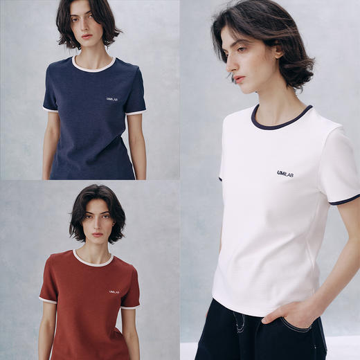 UMILAB【春游】复古miu风 优可丝棉混纺亲肤百搭撞色包边T恤T706H 商品图0