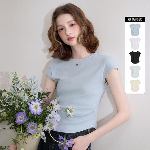 【限时秒杀】西遇褶皱短袖T恤女春夏新款纯色显瘦修身短款正肩圆领上衣D0050505 商品图0