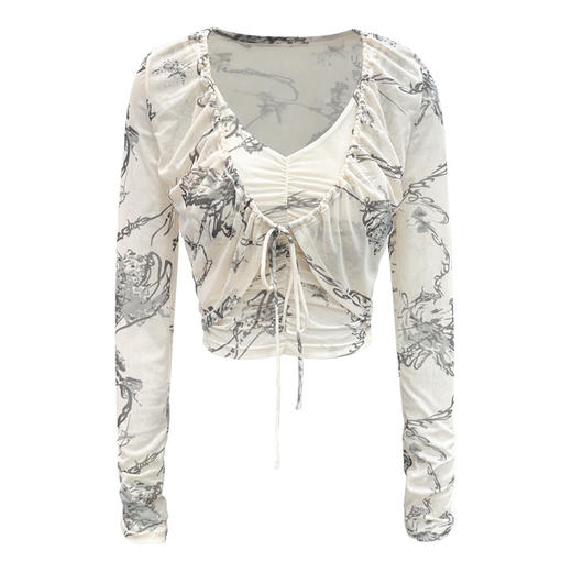 加工定制两件套女网纱水墨印花长袖健身罩衫褶皱绑带防晒瑜伽套装 商品图4