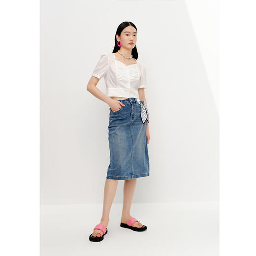 NEELLY纳俪商场同款夏季新款法式白色桃心领短袖衬衫女泡泡袖上衣N25044R04434 商品图3