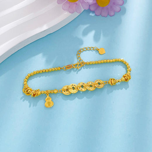 【限时克减150元】】足金999 #招财纳福 5G黄金碎闪金福禄多多吉字葫芦吊饰招财铜钱造型仿五帝币金珠跑环调节手链（内里为足金链）(AE5GSL00194) 商品图2