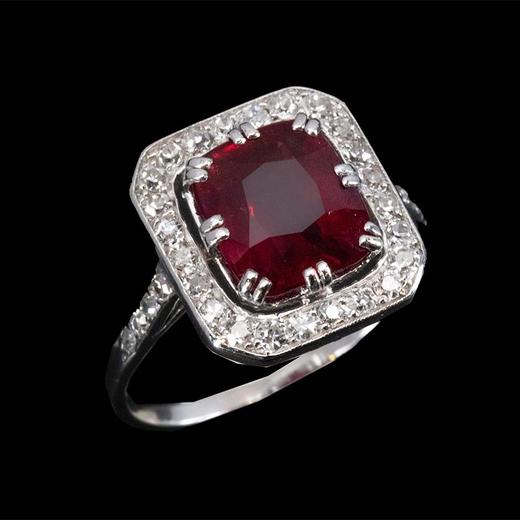 独角鹿西洋古董 1920-1930年代法国出品装饰艺术风格铂金镶嵌缅甸无烧红宝石及钻石戒指 商品图2