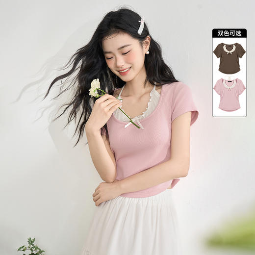 【挂脖假两件】纯欲木耳边短袖T恤女夏季捏褶上衣V0850601 商品图0