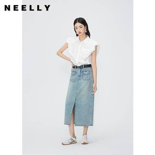 NEELLY纳俪商场同款夏季新款纯色翻领花苞无袖衬衫女时尚收腰上衣N25044B14407 商品图0