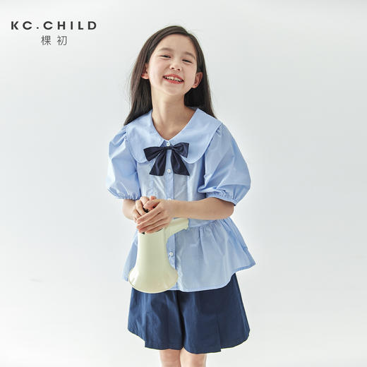 【代发】女款休闲小衫/短裤 棵初春夏款学院风套装蝴蝶领结短袖中大童上衣蓝色/短裤藏青色 商品图1