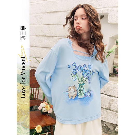 两三事梵高文艺 花遇小咪 2025夏季新款绑带圆领印花两件套t恤女 商品图0