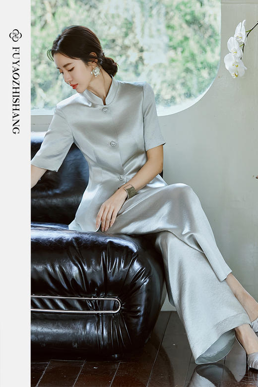 FUYAO扶摇 新中式国风套装女夏新款重磅醋酸立领西装直筒裤两件套 商品图5