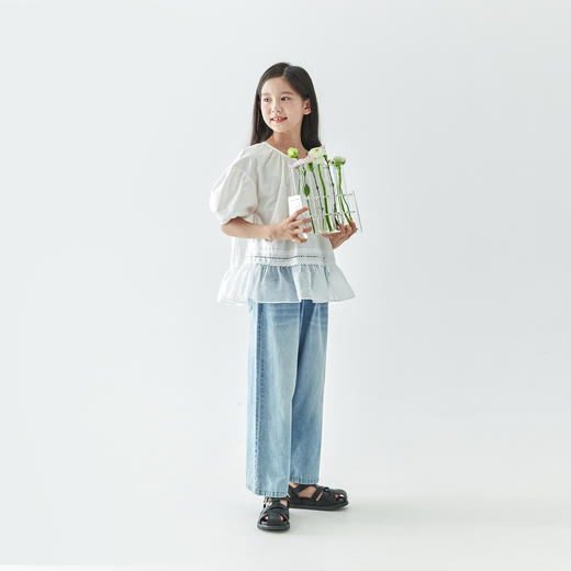 【代发】白色纯色小衫 棵初春夏款女童轻盈浪漫氛围感花纱拼接下摆衬衫 商品图3