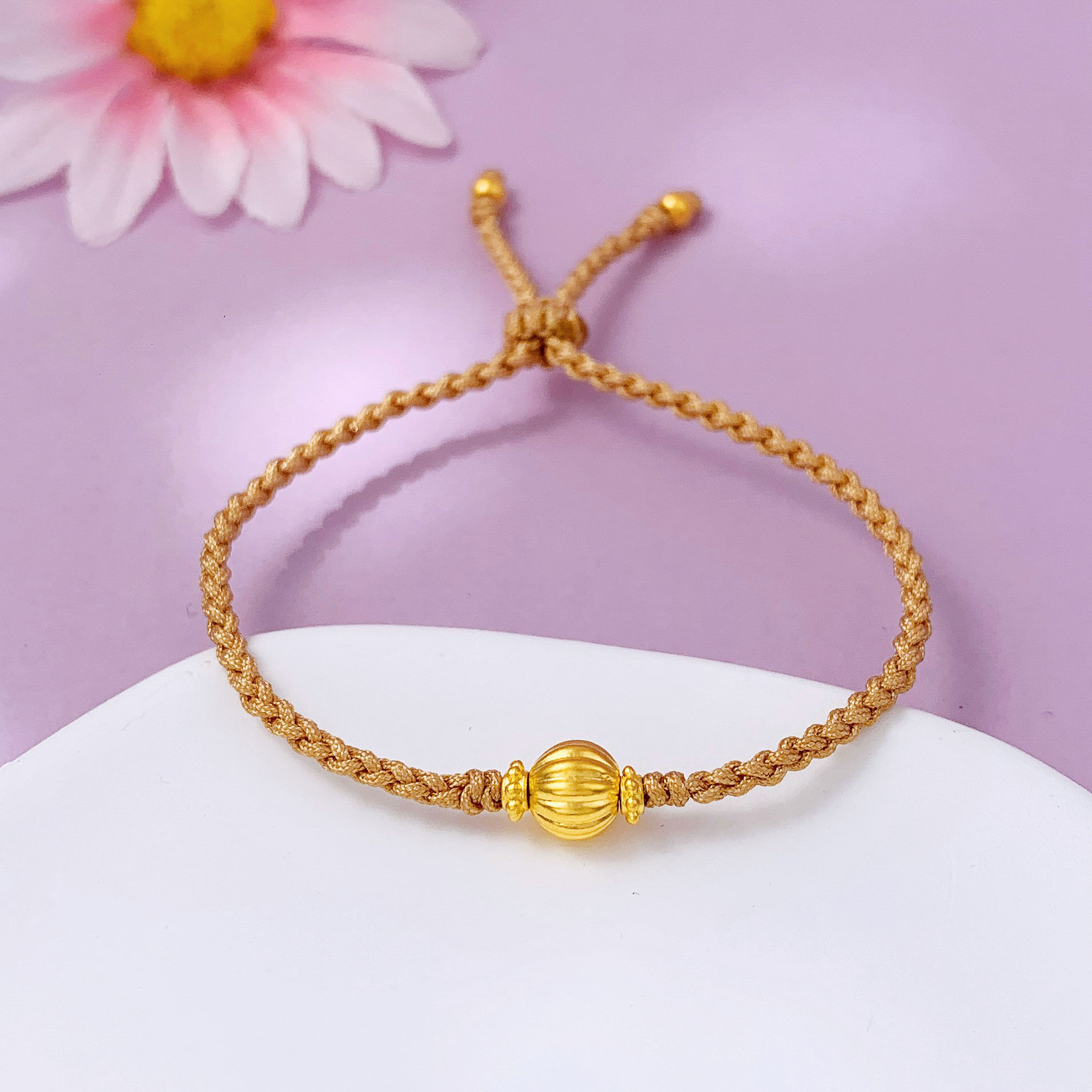 【限时7.5折】【定价黄金】足金 无氰5D硬金空心万事不难南瓜珠转运金珠编织绳调节手链成品手串（成人及小孩均可佩戴）(AA5DSC00081)