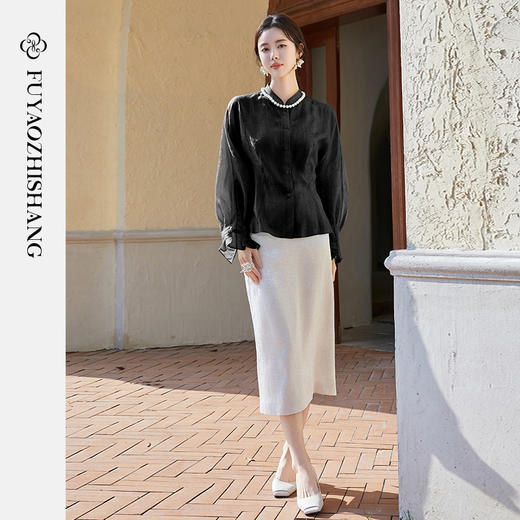 FUYAO扶摇 黑色立领衬衫女2025年夏新款时尚天丝衬衣优雅显瘦小衫 商品图3