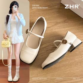 ZHR复古增高单鞋2025新款白色一字法式气质浅口玛丽方头珍鞋皮鞋