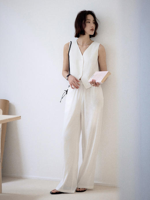 Even Vintage|亚麻混纺 简约宽松基础衬衫清爽感马甲白色长裤套装 商品图2