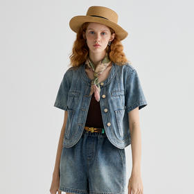 谜底外套短袖女2025夏季新品复古风宽松H型短款牛仔外套252MW0633