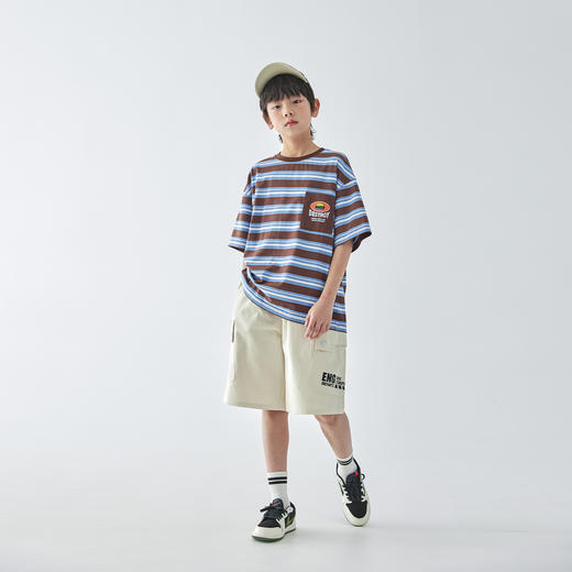 【代发】男童条纹短袖T恤 蓝汽水夏款口袋彩色印花亲子款上衣咖条纹/黑条纹 商品图3