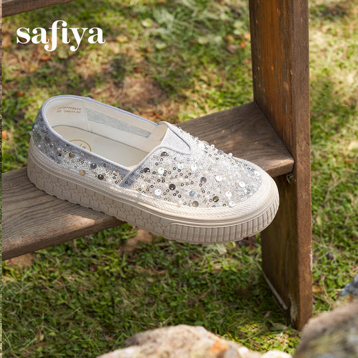 【爆款】Safiya/索菲娅2025春夏百搭懒人编织透气蕾丝亮片渔夫鞋 SFD1112412 商品图11