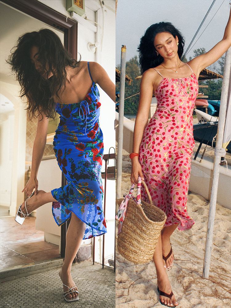 TR她热 致命女人 蓝色粉色丝绒烧花樱桃复古吊带辣妹显瘦连衣裙 蓝色L预售