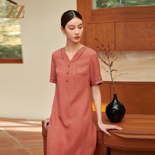 佐尔美夏季新款新中式国风时尚气质V领莨绸桑蚕丝连衣裙女M42LS73 商品图1