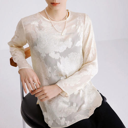 LONGNVFAIR新中式牡丹烧花圆领衬衣 | 牡丹花的东方元素，烧花工艺，优雅提升气质【72小时发货】 商品图1