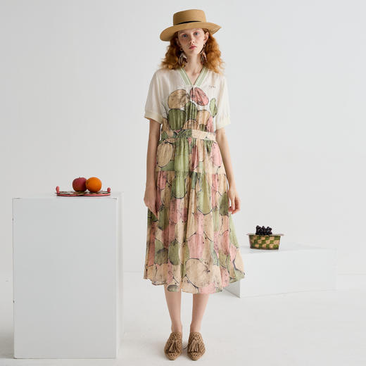 谜底连衣裙短袖女2025夏新品复古风度假印花合身X型长裙252ML0611 商品图0