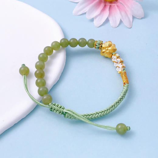 【限时7.5折】【定价黄金】足金 #微硬金  无氰5D硬金好事莲莲好运莲花和田玉青玉圆珠编织绳调节手链成品手串(AA5DSC00073) 商品图3