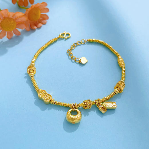 【限时克减150元】足金999.9 #非凡福佑 #小胖福 闪碎金空心小胖福招财吊饰平安金圈调节手链（内里为足金链）(AEWSL00046)（预售产品下单后不退款不退货不换货不补差价） 商品图1