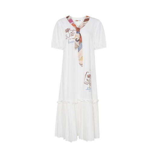 两三事 空谷迷香 2025夏季新款复古印花绑带领绣花百褶裙摆连衣裙 商品图4