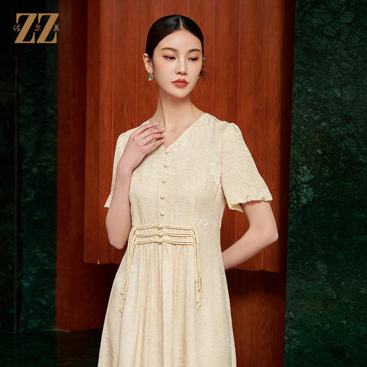 佐尔美夏季新款新中式国风时尚气质100%桑蚕丝连衣裙女M42LS42 商品图3