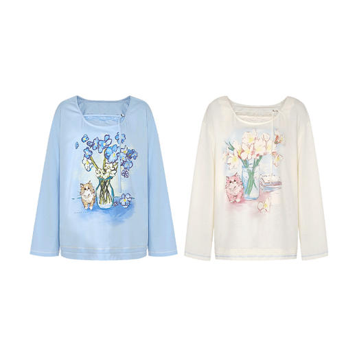 两三事梵高文艺 花遇小咪 2025夏季新款绑带圆领印花两件套t恤女 商品图4