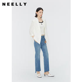 NEELLY纳俪商场同款夏季新款高腰微喇牛仔裤女蓝色显瘦不规则长裤N25044H04569
