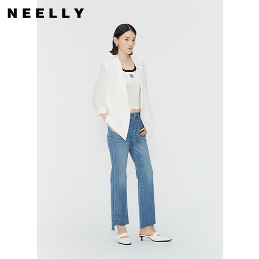 NEELLY纳俪商场同款夏季新款高腰微喇牛仔裤女蓝色显瘦不规则长裤N25044H04569 商品图0