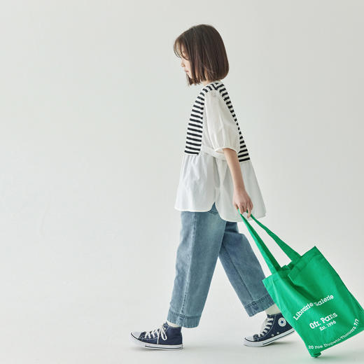 【代发】女童假两件条纹拼接衬衫 棵初夏季亲子海军风短袖童装复古泡泡袖上衣条纹拼白 商品图4