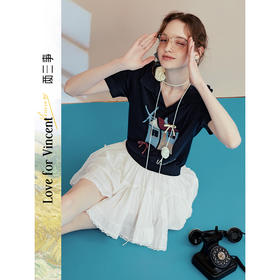 两三事梵高文艺糖屋环游2025夏季新款甜美polo领提花短款针织衫女