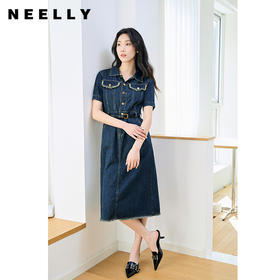 NEELLY纳俪商场同款夏季新款牛仔短袖连衣裙女港风小众工装风长裙N25044Y04557