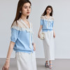 VICTORIA&VERA春季“塞纳雾蓝”蕾丝绑带冰丝针织短袖V领镂空肩线法式通勤慵懒上衣 商品缩略图4