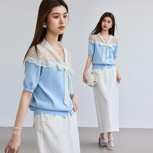 VICTORIA&VERA春季“塞纳雾蓝”蕾丝绑带冰丝针织短袖V领镂空肩线法式通勤慵懒上衣 商品图4