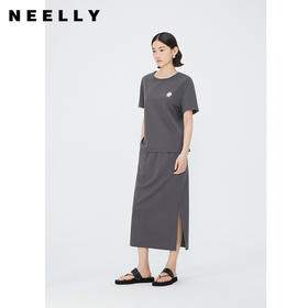 NEELLY纳俪商场同款夏新款时尚两件套T恤开叉半身裙灰色休闲套装N25044Z04589