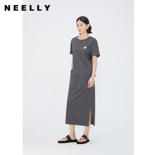 NEELLY纳俪商场同款夏新款时尚两件套T恤开叉半身裙灰色休闲套装N25044Z04589 商品图0
