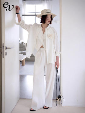 Even Vintage|亚麻混纺 简约宽松基础衬衫清爽感马甲白色长裤套装