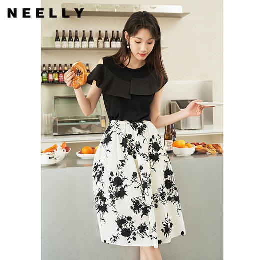 NEELLY纳俪商场同款夏季新款荷叶边短袖针织衫女不对称设计感上衣N25044A14429 商品图0