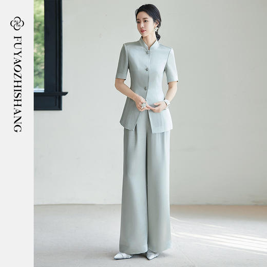 FUYAO扶摇 新中式国风套装女夏新款重磅醋酸立领西装直筒裤两件套 商品图2