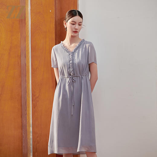 佐尔美夏季新款新中式时尚气质V领桑蚕丝连衣裙女M42LS66 商品图2