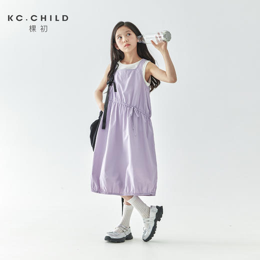 【代发】紫色尼龙连衣裙 棵初夏季款女童工装裙子不规则腰线纯色亲子花苞裙 商品图1