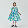 【代发】蓝色印花连衣裙 棵初夏季女童蓝花色全棉印花裙子中大童泡泡袖褶皱碎花裙 商品缩略图4